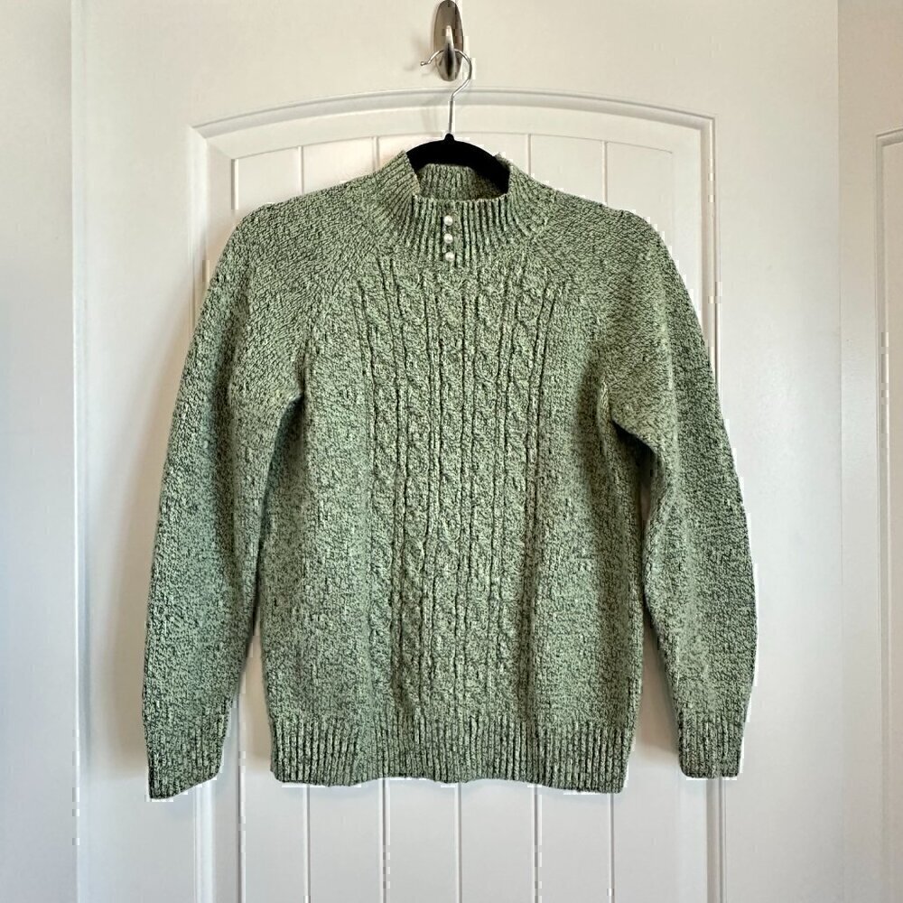 Karen Scott pale green mock neck sweater with pearl buttons women S